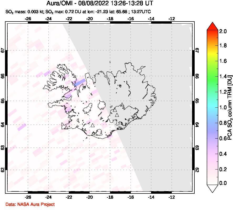 A sulfur dioxide image over Iceland on Aug 08, 2022.