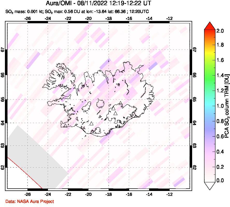 A sulfur dioxide image over Iceland on Aug 11, 2022.