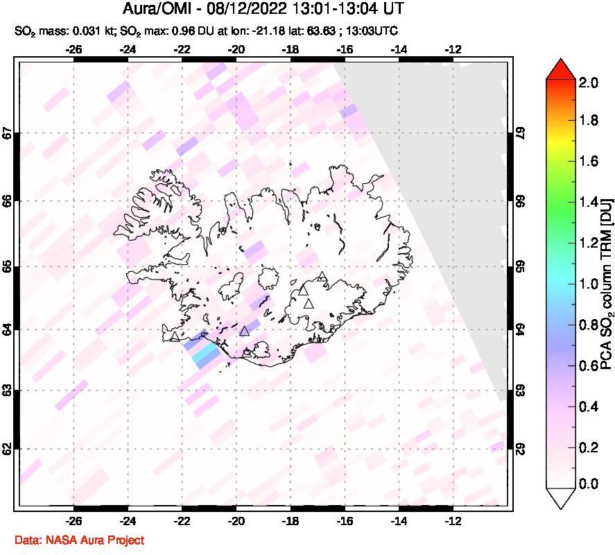 A sulfur dioxide image over Iceland on Aug 12, 2022.