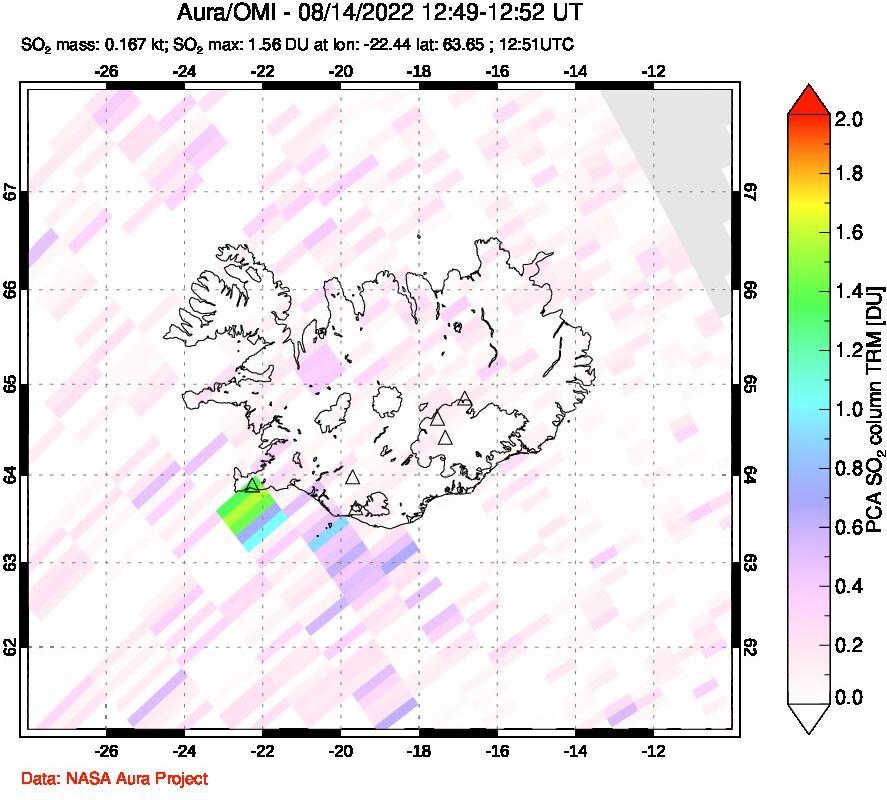 A sulfur dioxide image over Iceland on Aug 14, 2022.