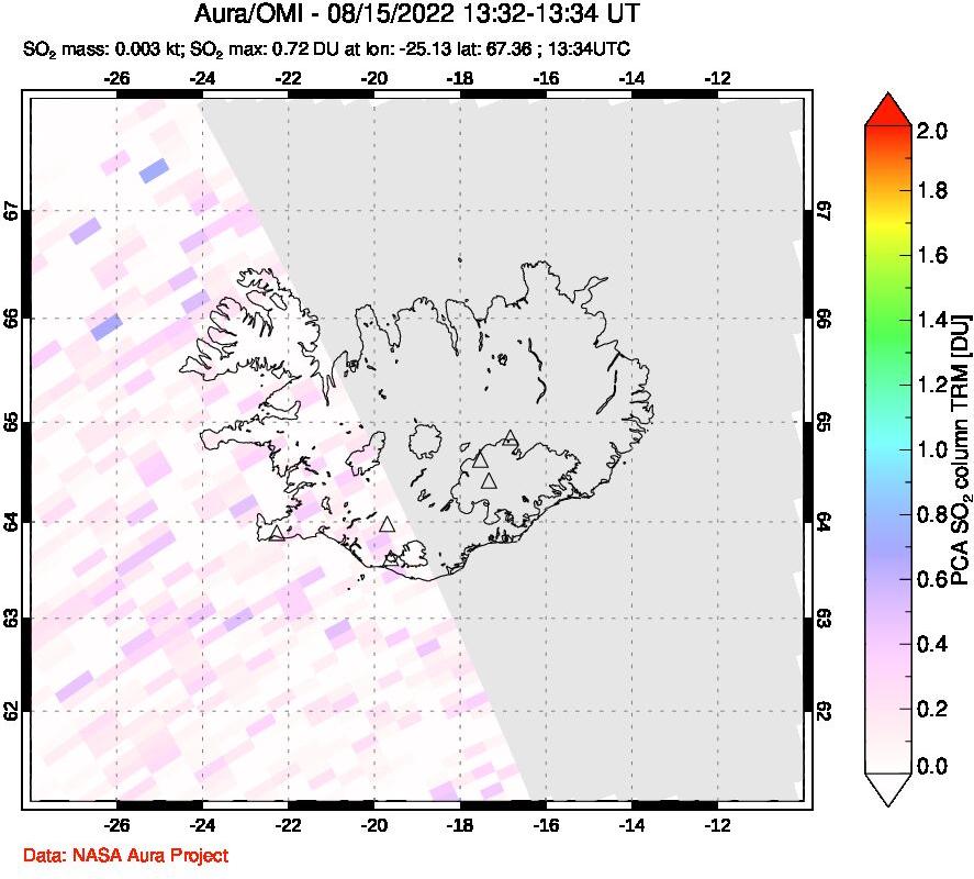 A sulfur dioxide image over Iceland on Aug 15, 2022.