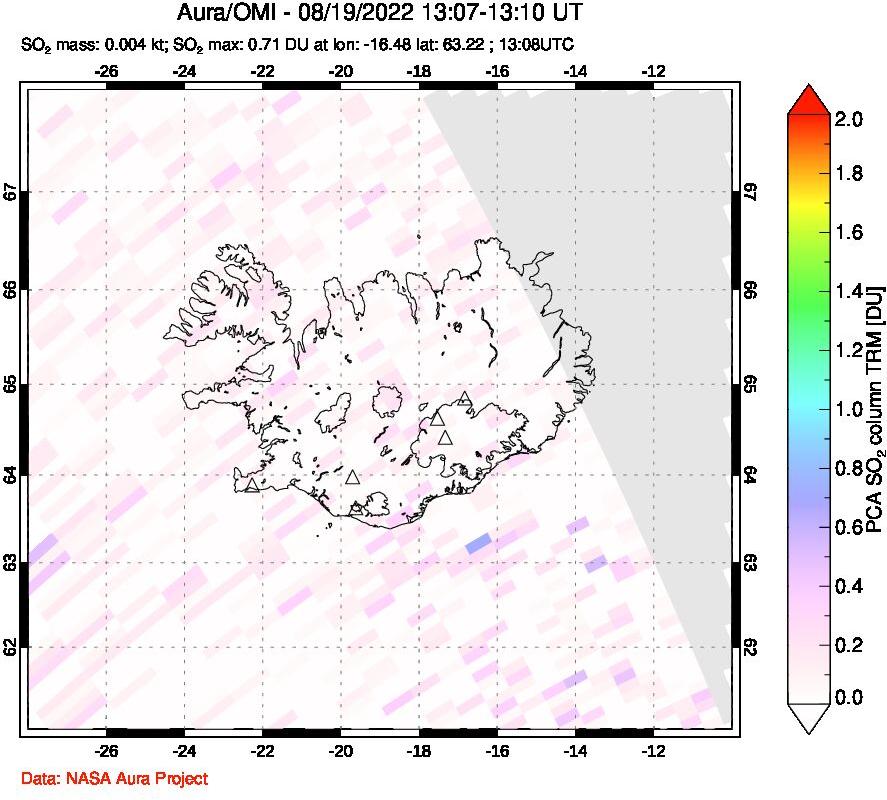 A sulfur dioxide image over Iceland on Aug 19, 2022.