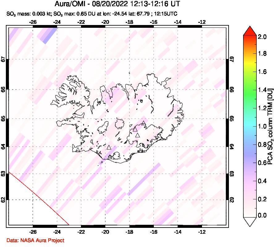A sulfur dioxide image over Iceland on Aug 20, 2022.