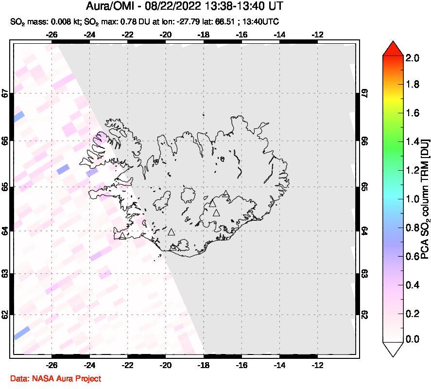 A sulfur dioxide image over Iceland on Aug 22, 2022.