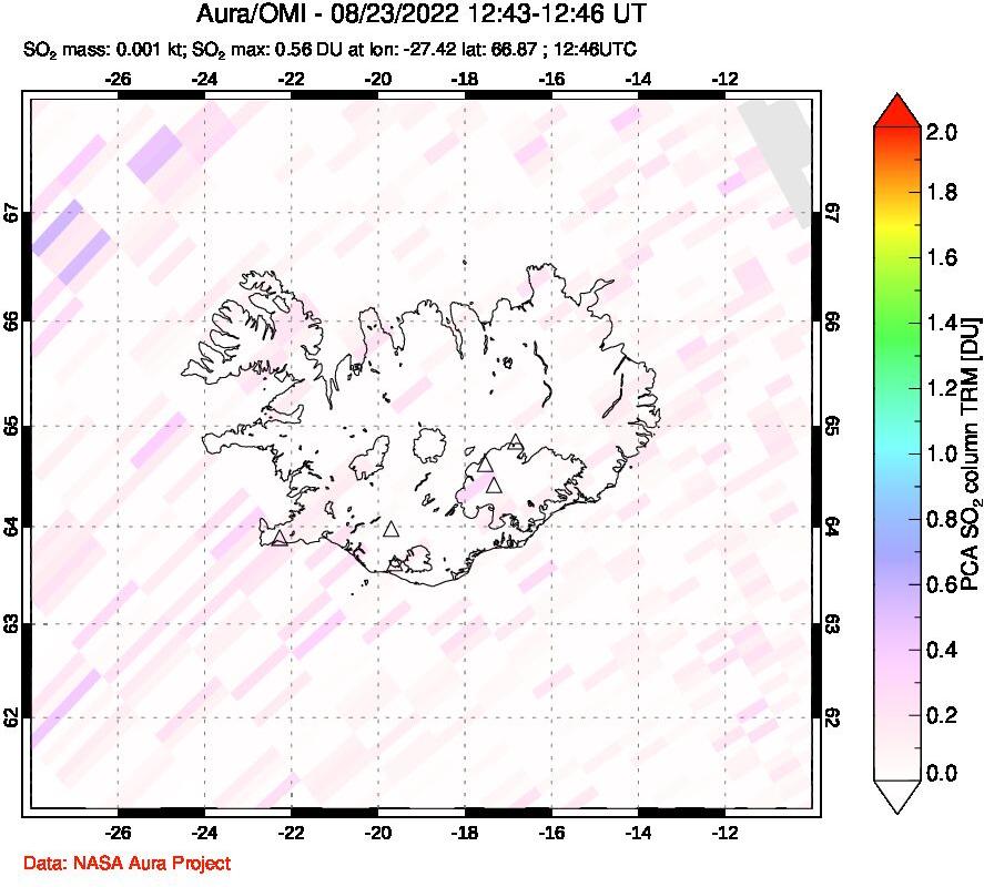 A sulfur dioxide image over Iceland on Aug 23, 2022.