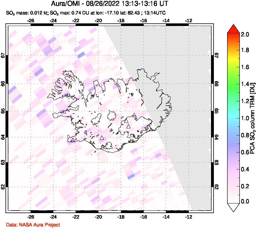 A sulfur dioxide image over Iceland on Aug 26, 2022.
