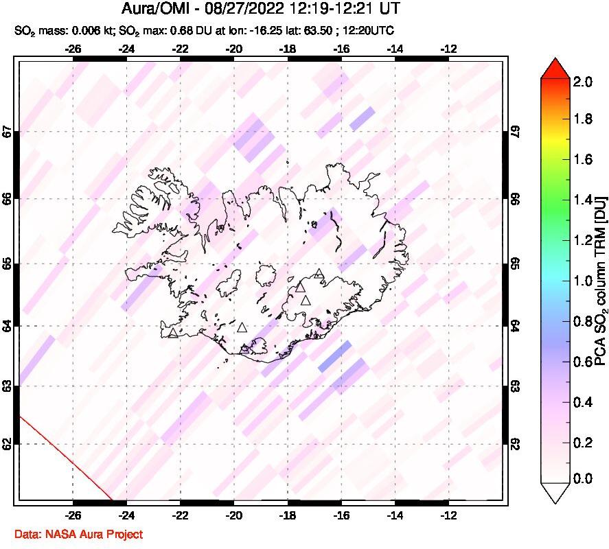 A sulfur dioxide image over Iceland on Aug 27, 2022.