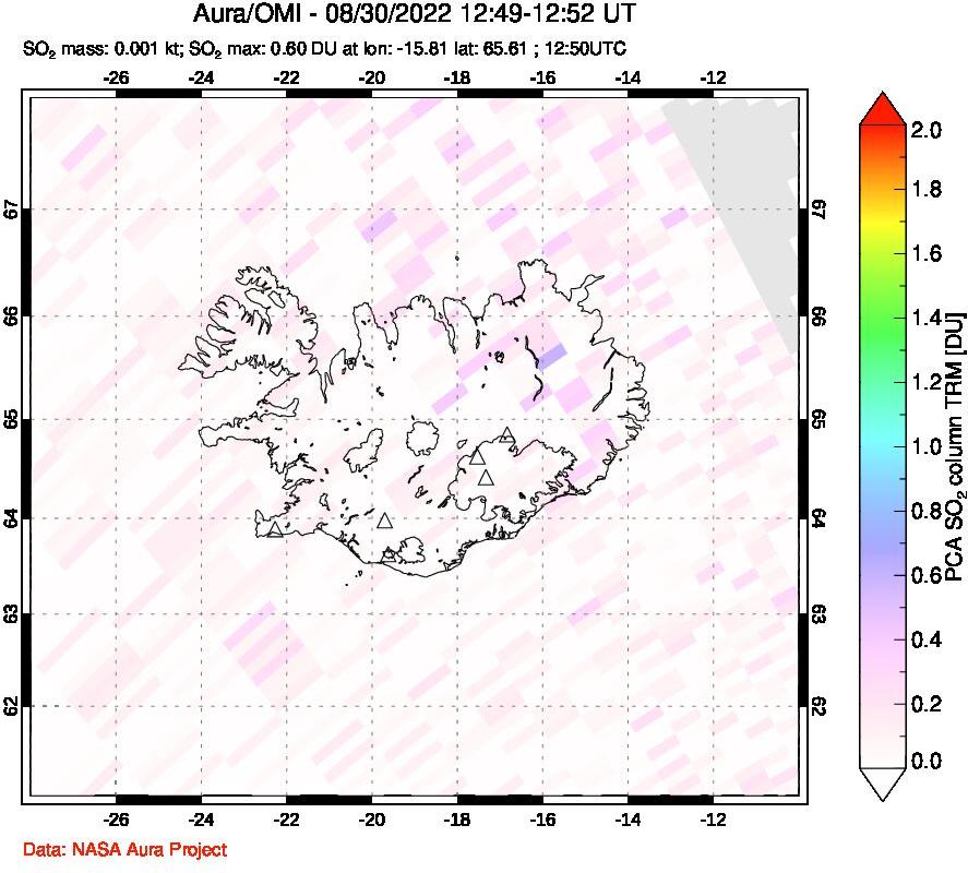 A sulfur dioxide image over Iceland on Aug 30, 2022.