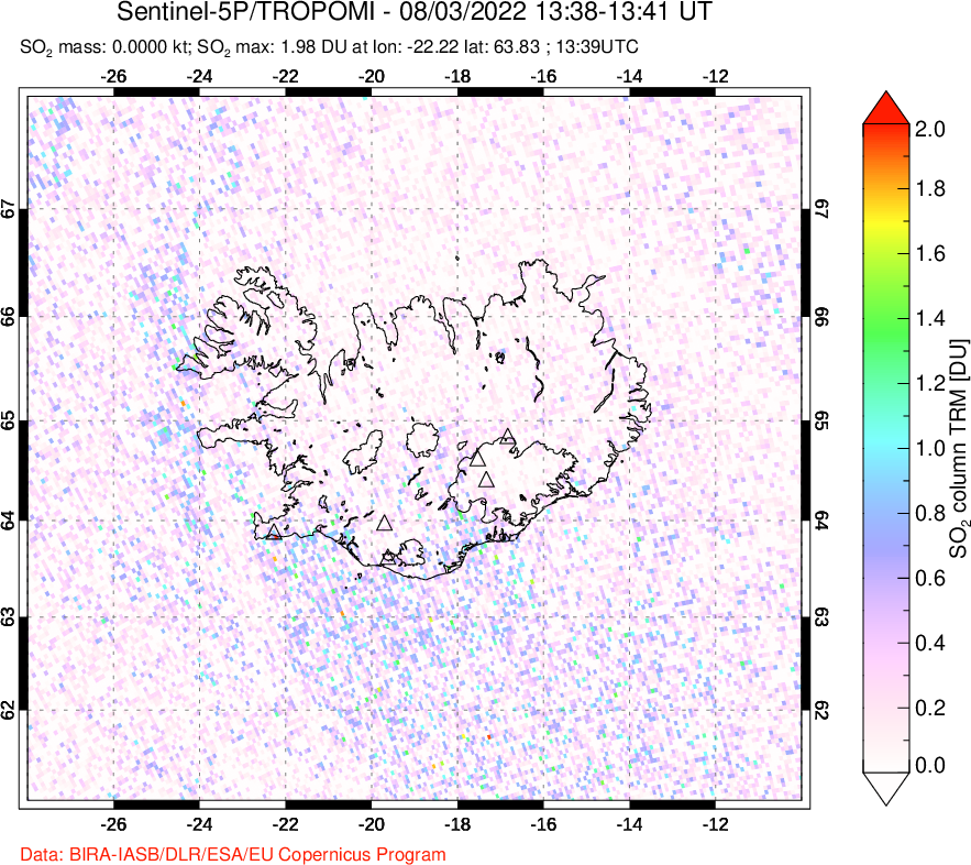 A sulfur dioxide image over Iceland on Aug 03, 2022.