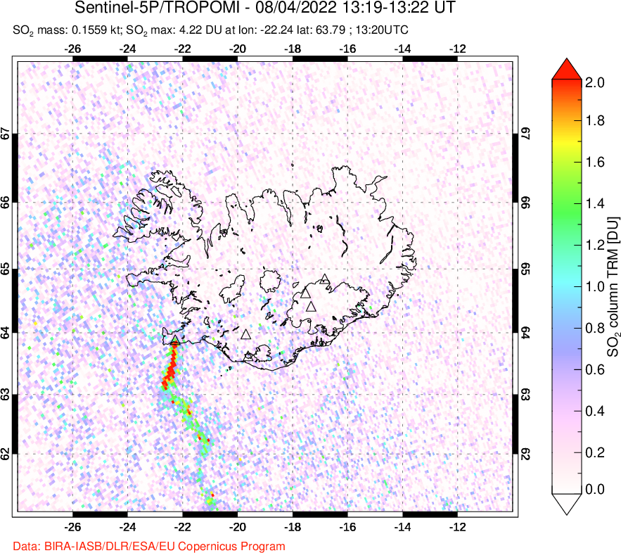 A sulfur dioxide image over Iceland on Aug 04, 2022.