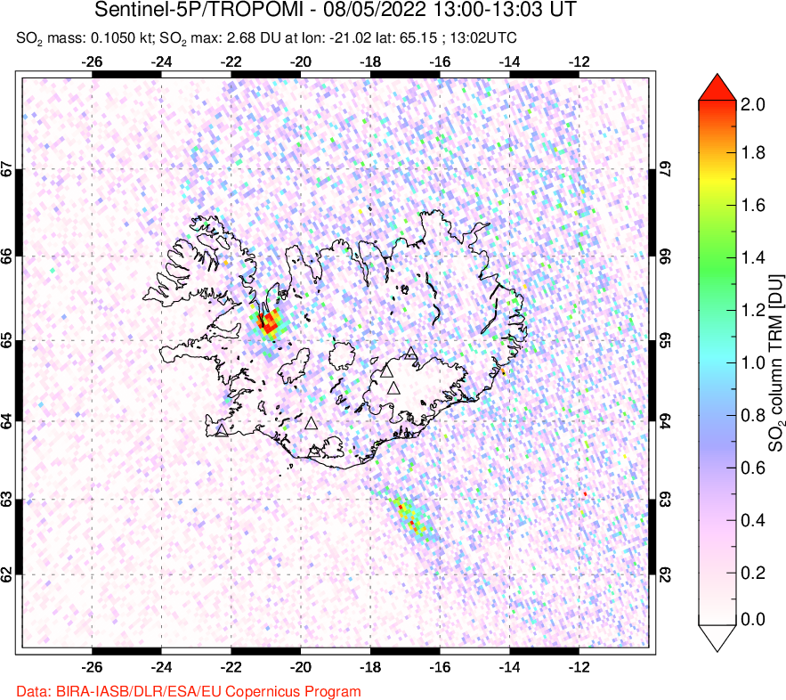 A sulfur dioxide image over Iceland on Aug 05, 2022.