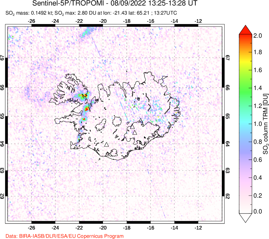 A sulfur dioxide image over Iceland on Aug 09, 2022.