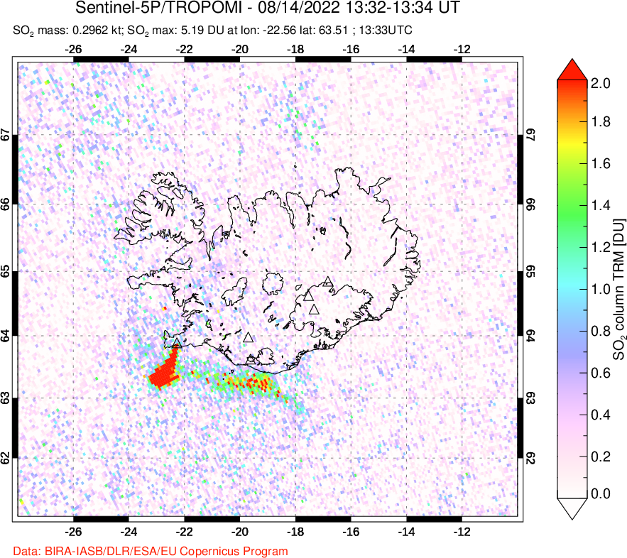A sulfur dioxide image over Iceland on Aug 14, 2022.