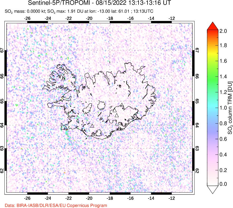 A sulfur dioxide image over Iceland on Aug 15, 2022.