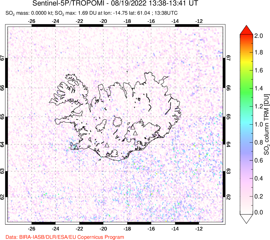 A sulfur dioxide image over Iceland on Aug 19, 2022.