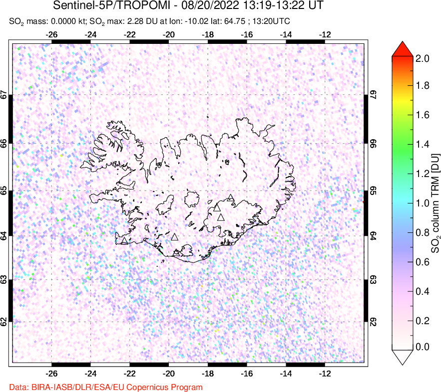 A sulfur dioxide image over Iceland on Aug 20, 2022.