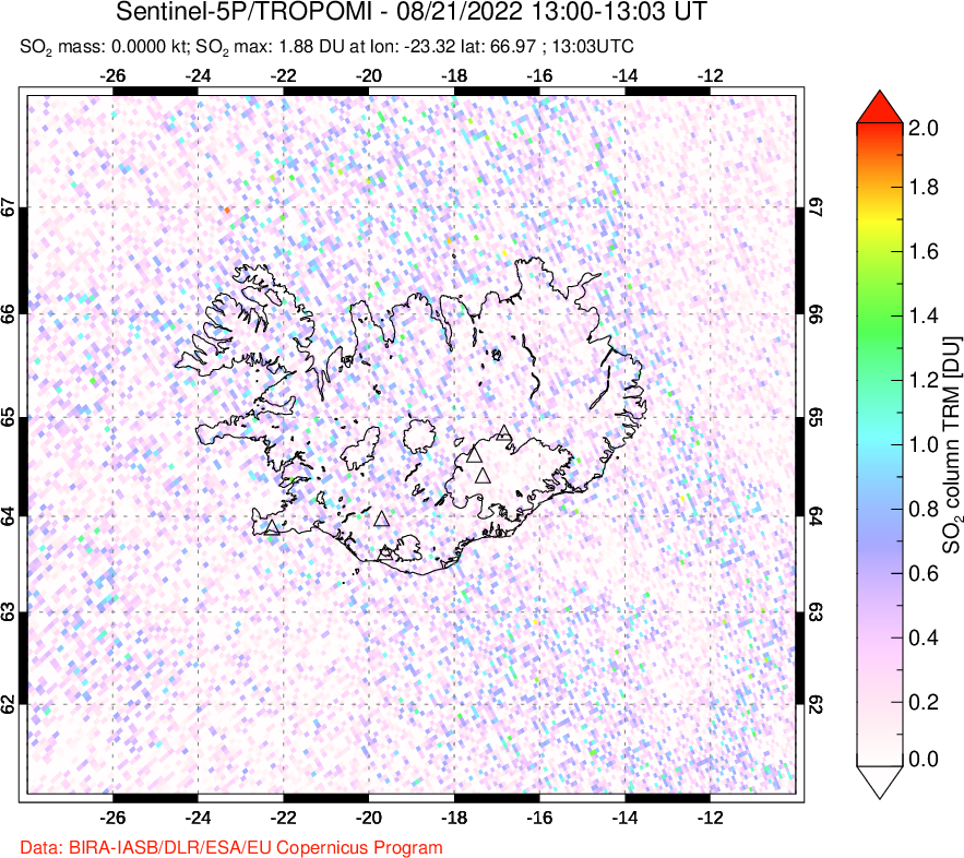 A sulfur dioxide image over Iceland on Aug 21, 2022.