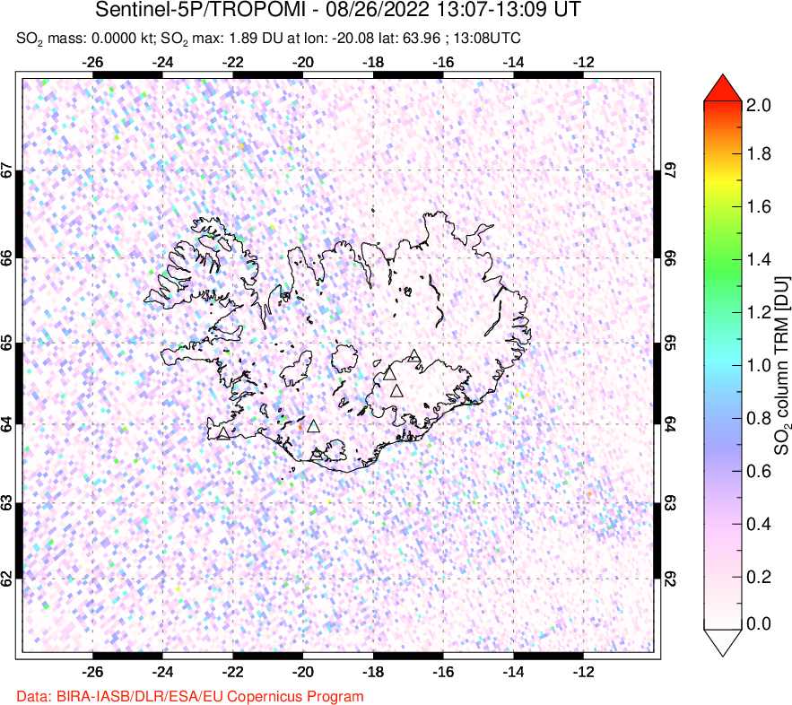 A sulfur dioxide image over Iceland on Aug 26, 2022.