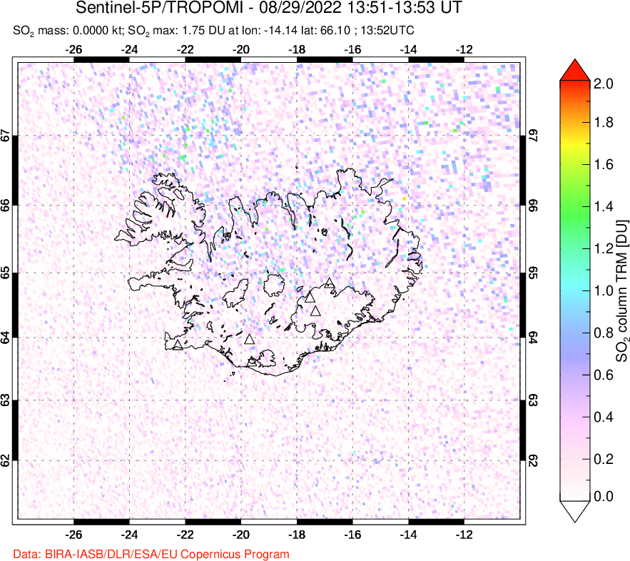A sulfur dioxide image over Iceland on Aug 29, 2022.