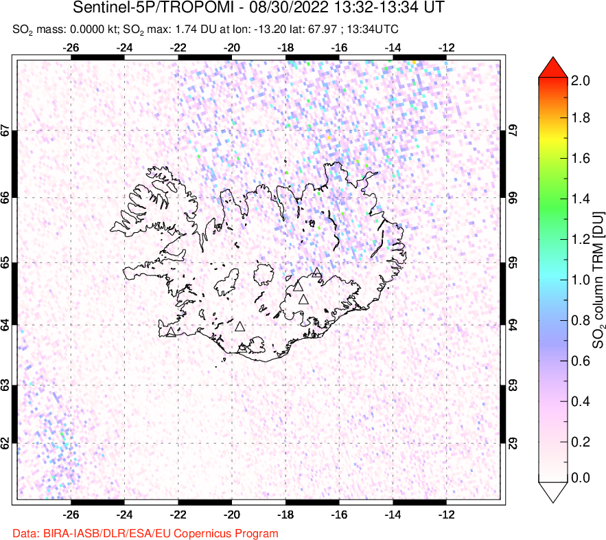 A sulfur dioxide image over Iceland on Aug 30, 2022.