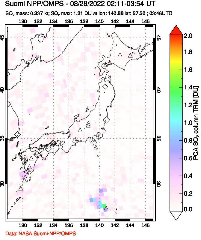 A sulfur dioxide image over Japan on Aug 28, 2022.
