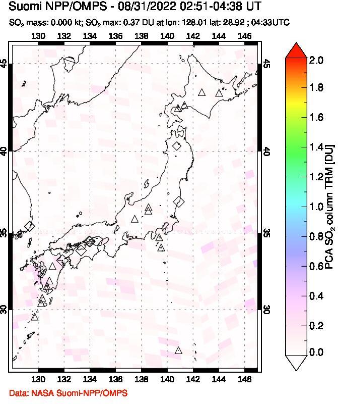 A sulfur dioxide image over Japan on Aug 31, 2022.