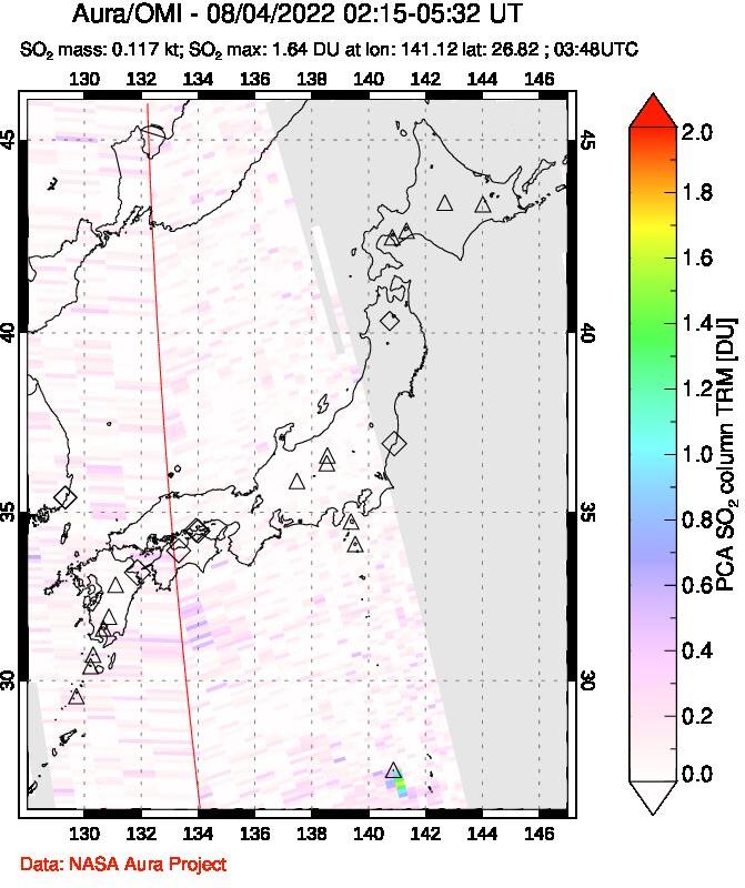 A sulfur dioxide image over Japan on Aug 04, 2022.