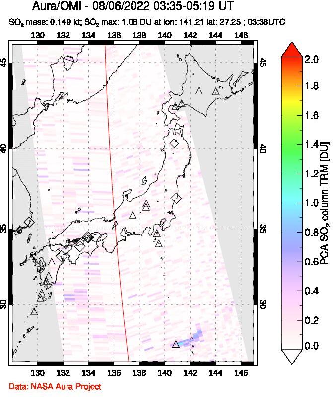 A sulfur dioxide image over Japan on Aug 06, 2022.