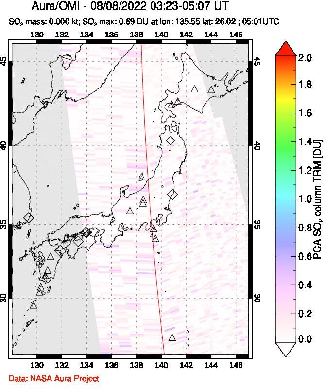 A sulfur dioxide image over Japan on Aug 08, 2022.