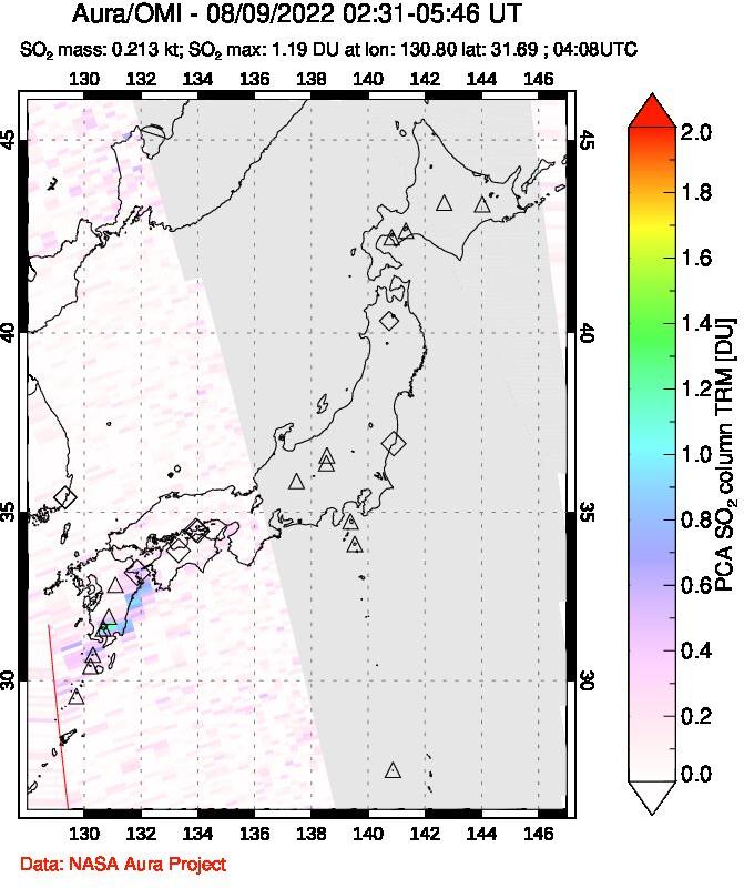 A sulfur dioxide image over Japan on Aug 09, 2022.