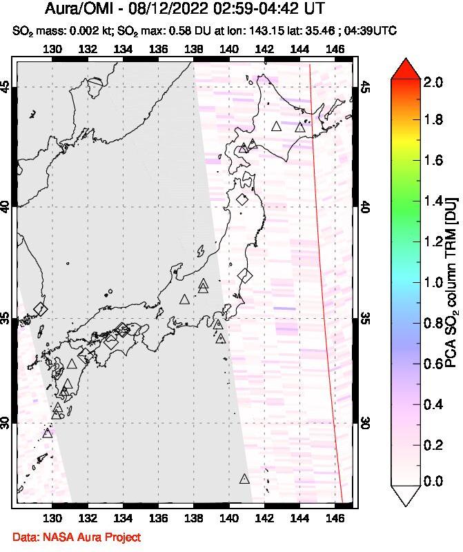 A sulfur dioxide image over Japan on Aug 12, 2022.