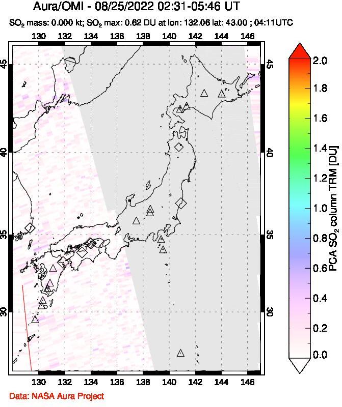 A sulfur dioxide image over Japan on Aug 25, 2022.