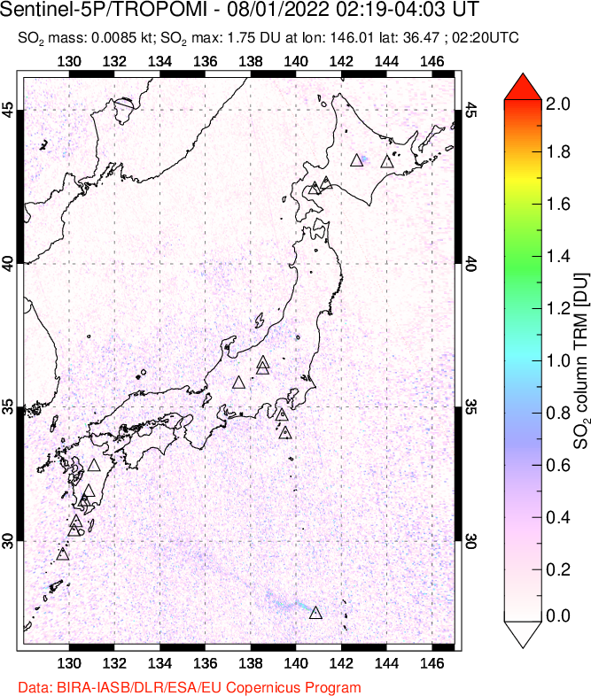 A sulfur dioxide image over Japan on Aug 01, 2022.