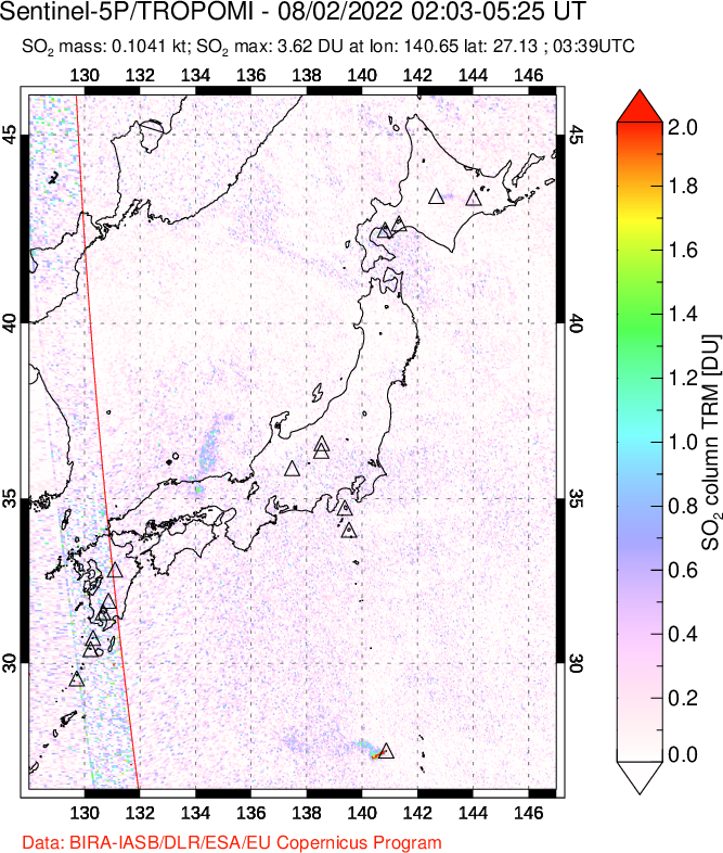A sulfur dioxide image over Japan on Aug 02, 2022.