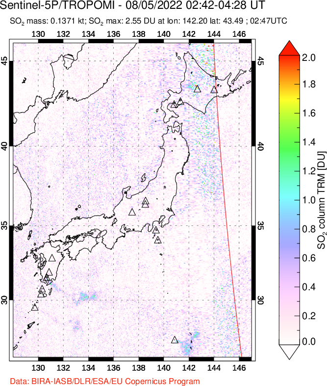 A sulfur dioxide image over Japan on Aug 05, 2022.