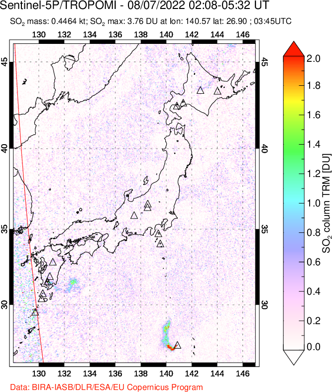 A sulfur dioxide image over Japan on Aug 07, 2022.