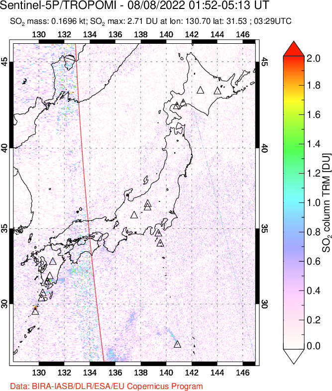 A sulfur dioxide image over Japan on Aug 08, 2022.
