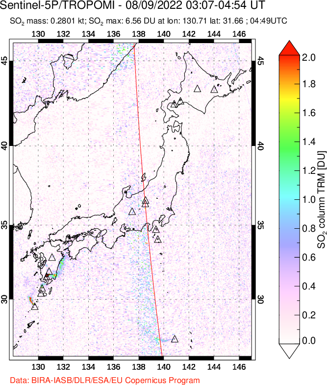 A sulfur dioxide image over Japan on Aug 09, 2022.