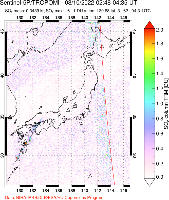 A sulfur dioxide image over Japan on Aug 10, 2022.