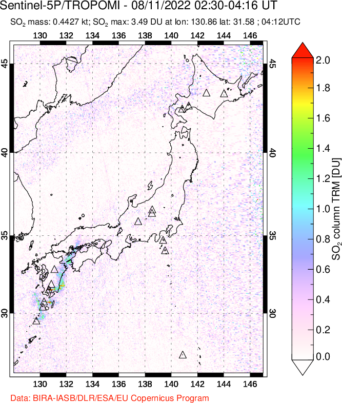 A sulfur dioxide image over Japan on Aug 11, 2022.