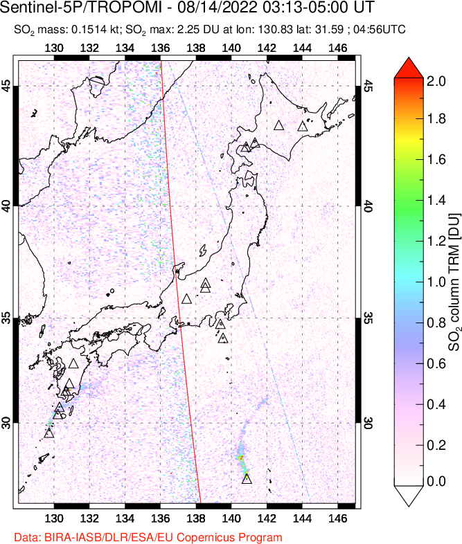 A sulfur dioxide image over Japan on Aug 14, 2022.
