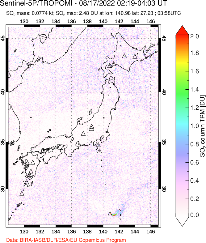 A sulfur dioxide image over Japan on Aug 17, 2022.