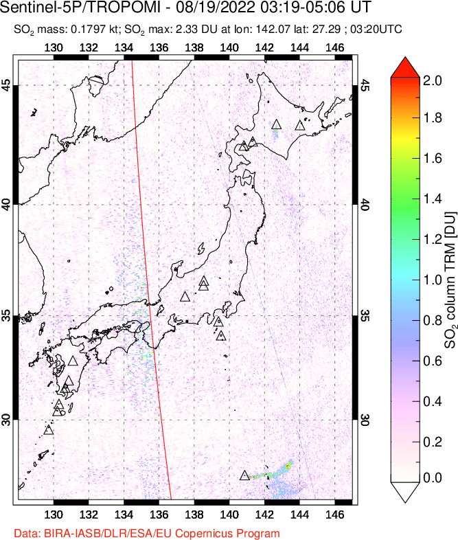 A sulfur dioxide image over Japan on Aug 19, 2022.