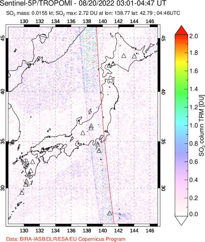 A sulfur dioxide image over Japan on Aug 20, 2022.