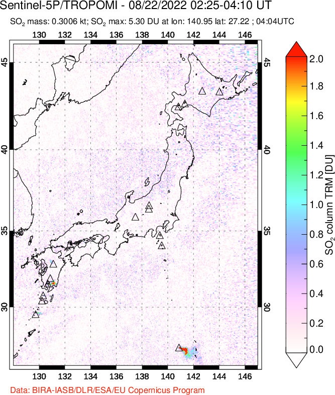 A sulfur dioxide image over Japan on Aug 22, 2022.