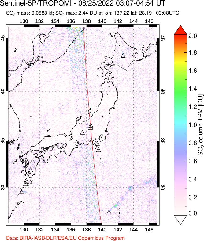 A sulfur dioxide image over Japan on Aug 25, 2022.