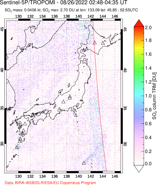 A sulfur dioxide image over Japan on Aug 26, 2022.