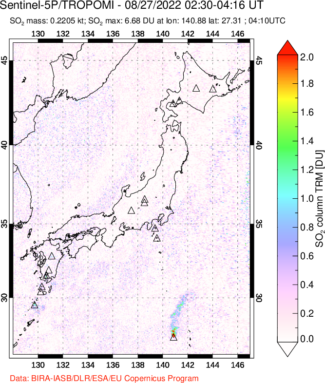 A sulfur dioxide image over Japan on Aug 27, 2022.