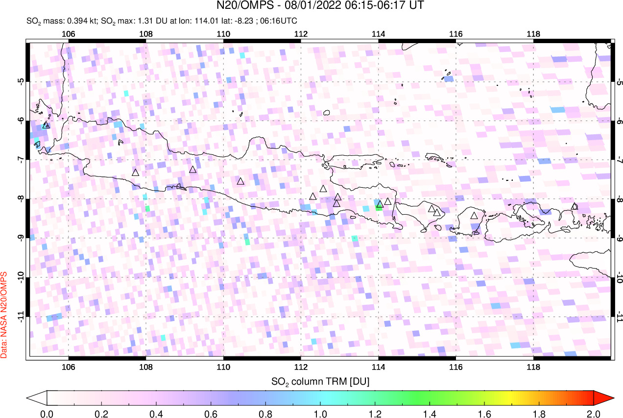 A sulfur dioxide image over Java, Indonesia on Aug 01, 2022.