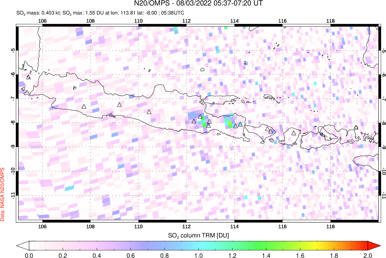 A sulfur dioxide image over Java, Indonesia on Aug 03, 2022.